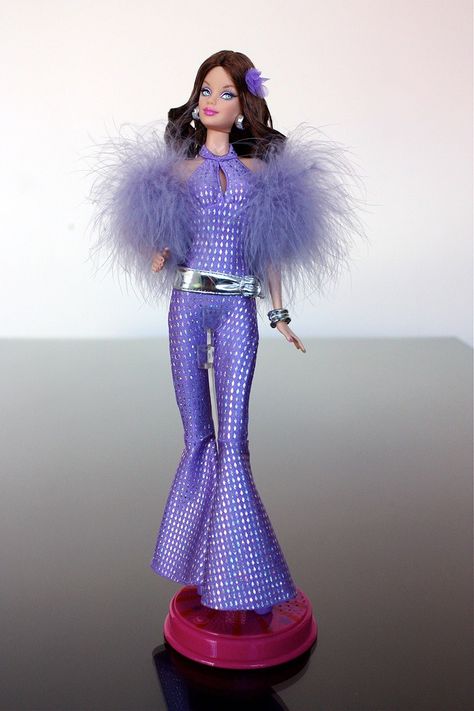 Barbie Celebrate - 2008 | Flickr - Photo Sharing! Purple Barbie Outfit, Disco Barbie, Purple Barbie, Barbie Photoshoot, Barbie Pageant, Barbie Photos, Disco Jumpsuit, Disco Diva, Disco Fashion