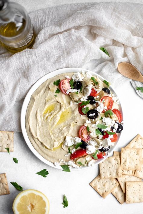 Loaded Hummus with Feta and Olives - TASTES OF THYME Olive Hummus Recipe, Hummus Olive, Loaded Hummus, Feta And Olives, Best Hummus Recipe, Gluten Free Crackers, Make Hummus, Olive Tapenade, Easy Dips