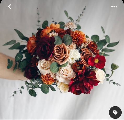 Fall Ceremony Flowers, Burgundy And Rust Wedding, Rust Bouquet, Fall Bridal Bouquet October, Rust Orange Wedding, Wedding Bouquet Bridesmaids, Orange Bridesmaids, Fall Reception, Orange Rose Bouquet