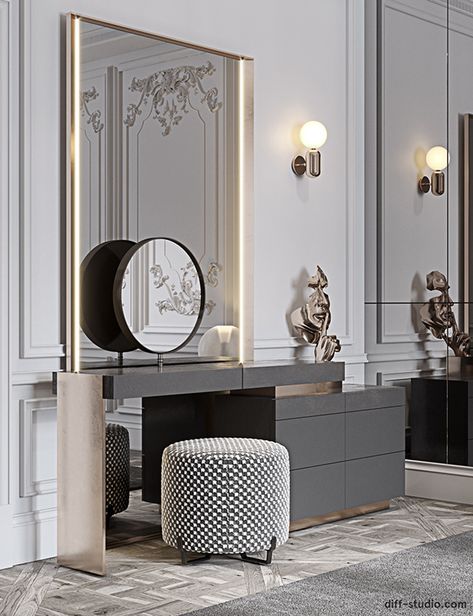 Traditional space with a fresh view in Paris. on Behance Dressing Table Design, Modern Luxury Bedroom, Luxury Bedroom Design, Luxury Bedroom Master, Bedroom Furniture Design, Dressing Room Design, Decor Home Living Room, Home Room Design, Luxurious Bedrooms