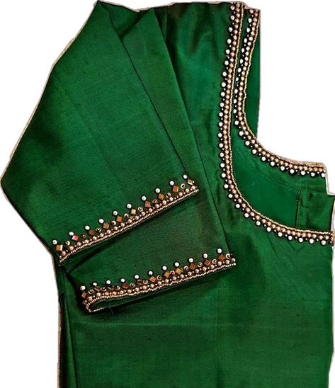 Simple Embroidery For Blouse, Blouse Designs Simple Pattern, Simple Blouse Hand Designs, Blouse Embroidery Designs Simple, Blouse Simple Work Designs, Simple Beads Design On Blouse, Green Silk Blouse Designs, Simple Blouse Embroidery Designs, Simple Green Blouse Designs For Saree