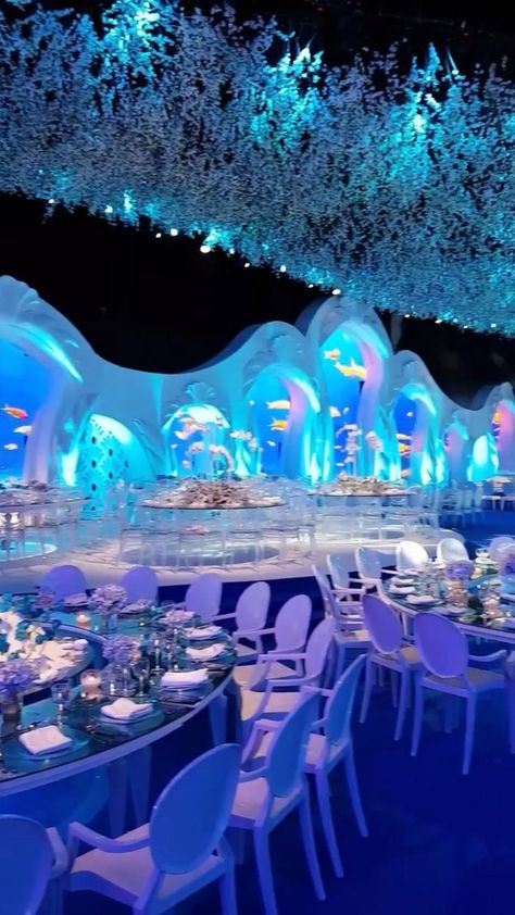 Ariel Wedding Theme, Dreamy Wedding Reception, Prom Venues, Reception Venue Decorations, Royal Blue Wedding Theme, Underwater Wedding, Underwater Party, Blue Wedding Centerpieces, Themed Wedding Decorations