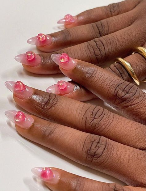 Valentines Day Nails Heart, Nails Heart Design, Version Board, Pink Almond Nails, Nails Oval, Nails Heart, 3d Nail Designs, Heart Nail Designs, Heart Nail