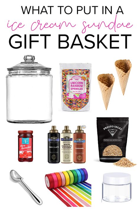 Ice Cream Sundae Gift Basket Ice Cream Sundae Basket Ideas, Ice Cream Theme Gift Basket, Ice Cream Sunday Gift Basket Ideas, Ice Cream Sundae Basket, Ice Cream Sundae Gift Basket Diy, Sundae Gift Basket Ideas, Smoothie Gift Basket Ideas, Ice Cream Raffle Basket Ideas, Ice Cream Basket Ideas