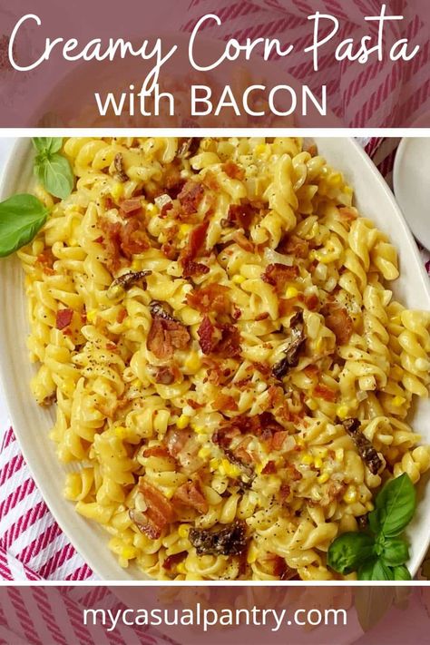 Bacon Corn Pasta celebrates sweet summer corn and takes less than thirty minutes to prepare.  An easy, satisfying dinner the whole family will love. Creamy Corn Pasta, Salmon Sausage, Main Dishes For Dinner, Pasta With Bacon, Sweet Corn Recipes, Bacon Corn, Delicious Pasta Recipes, Corn Pasta, Smoked Gouda Cheese