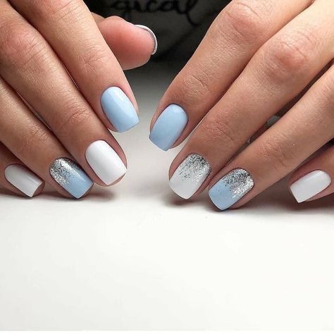 Glitter Gel Nail Designs, Blue And Silver Nails, Blue Nail Art Designs, Silver Nail Designs, Blue And White Nails, White And Silver Nails, Spring Acrylic Nails, White Glitter Nails, Supper Ideas