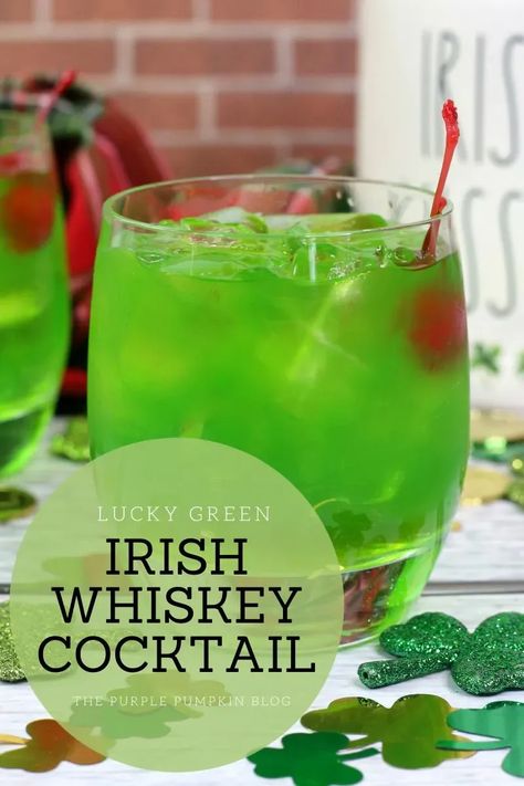 This Luck of the Irish Cocktail is made with Irish whiskey, and has a little bit of a fruity twist! It's a grand green cocktail so drink up and celebrate St. Patrick's Day! #LuckOfTheIrishCocktail #Cocktails #ThePurplePumpkinBlog #IrishWhiskey #IrishCocktails #StPatricksDay #StPatricksDayCocktails St Patrick’s Day Mixed Drinks, St Patricks Day Cocktails Whiskey, Green Whiskey Drink, St Patrick's Cocktails, Luck Of The Irish Cocktail, Green Alcoholic Drinks St. Patrick's Day, St Patrick Day Cocktails, St Patrick’s Cocktails, Irish Cocktails St. Patrick's Day