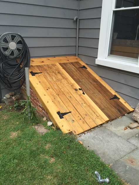 Cellar doors from reclaimed doors. Cellar Door Cover, Basement Cellar Door Ideas, Basement Outside Entrance, Diy Cellar Door, Wine And Liquor Storage, Basement Door Ideas, Cellar Entrance, Crawl Space Access Door, Cellar Door Ideas