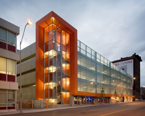 Crossroads Parking Structure - Helix Architecture + Design San Beda, Parking Structure, Parking Building, External Staircase, Shopping Mall Architecture, School Building Design, Shop Facade, Elevator Design, Outdoor Stair Lighting