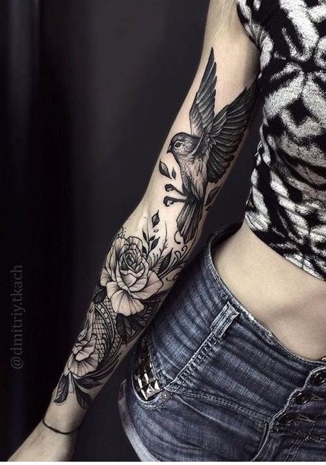 Inner Arm Bird Tattoos For Women, Inside Arm Sleeve Tattoos For Women, Inside Arm Tattoos For Women Sleeve, Cool Sleeve Tattoos For Women, Inside Arm Sleeve Tattoo, Bird Arm Sleeve Tattoo, Delicate Raven Tattoo, Bird Sleeve Tattoo Women, Floral Sleeve Tattoo With Birds