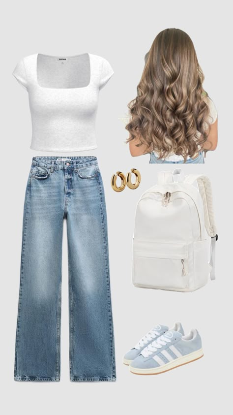 #backtoschool Cute Outfits Fancy Casual, Cute Outfit Ideas With Jeans, Vision Board Style Clothes, Jeans Inspo Style, Outfits For 11 Yrs Old, Quick Outfits For School, 2024 Outfits Trends, Black Tee And Jeans Outfit, Superbowl Party Outfit Women