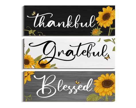 PRICES MAY VARY. 【Positive Sunflower Elegance】Enhance your kitchen decor with a touch of positivity through this set of 3 sunflower-themed wooden wall signs, featuring the motivating phrases "thankful," "grateful," and "blessed." 【Premium Solid Wood】Crafted from high-quality solid wood, these hanging signs stand out for their sturdiness and durability. Unlike others on the market with just a 0.2 inch thickness, our signs boast a robust 0.3 inch thickness. 【Vivid High-Resolution Printing】Distingu Sunflower Wall Decor, Sunflower Kitchen Decor, Wooden Wall Signs, Sunflower Kitchen, Farmhouse Outdoor, Hello Sweet Cheeks, Positive Sayings, Thankful Grateful Blessed, Sign Stand