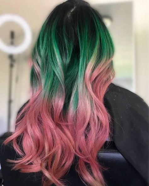 17 Amazing Examples of Green Hair Color (2020 Trends) Green Hair Streaks Highlights, Green To Pink Hair, Watermelon Hair Color, Pink To Green Hair, Green And Pink Hair Color, Pink And Green Hair Dye, Pink Green Hair, Green Hair Ideas, Green Hair Color Ideas