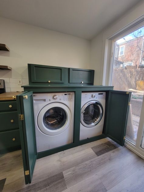 Washer And Dryer Countertop Cabinets, Hiding Washer Dryer In Kitchen, Boxed In Washer And Dryer, Hiden Washing Machine, Washer And Dryer Cupboard, Washer And Dryer Cabinet Diy, Diy Hidden Washer And Dryer, Washer Dryer In Cabinet, How To Hide Washer And Dryer In Bathroom