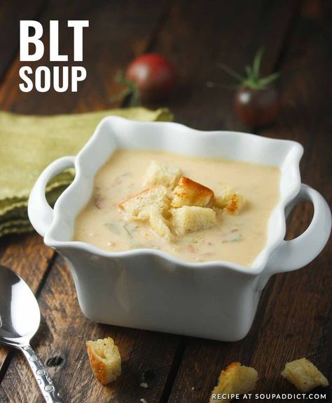 The ultimate bacon's lover soup! BLT Soup tastes just like the sandwich. Even the lettuce, which totally works here. A delicious and unusual soup that will impress your friends and family. Recipe at SoupAddict.com Blt Soup Paula Deen, Blt Soup, Warm Soup Recipes, Winter Soup Recipe, Comfort Soup Recipes, Creamy Potato Soup, Comfort Soup, Potato Soup Recipe, Tomato Soup Recipes