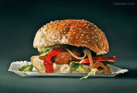 hamburger realistic oil paintings by tjalf sparnaay Tjalf Sparnaay, Food Paintings, Hyperrealistic Art, Big Burgers, Hyper Realistic Paintings, Realistic Oil Painting, Food Artwork, Food Painting, Good Eat