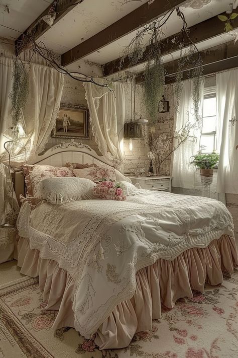 Shabby Chic Bedroom: Playful and Chic Decor - Quiet Minimal Cottage House Bedroom Ideas, Shabby Bedroom Ideas, Cute Vintage Bedroom Ideas, Vintage Princess Bedroom, Vintage Elegant Bedroom, Frilly Bedroom, Boho Decor Ideas For The Home, Cute Pastel Room, Bedroom Ideas Pastel