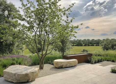 Cozy Fire Pit Area, Cozy Fire Pit, Modern English Country, English Landscape Garden, Contemporary Outdoor Living, Limestone Paving, Modern Courtyard, Contemporary Garden Design, Fire Pit Area