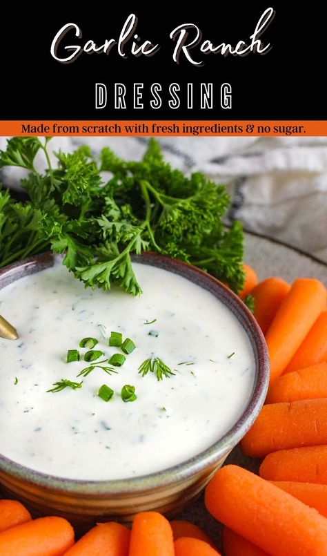 Serve it as a dressing or a dip, this made from scratch garlic ranch with fresh herbs is super simple to prepare in just five minutes and tastes good on EVERYTHING! #ranch #ranchdressing #garlicranch #homemaderanch #ranchdip Easy Ranch Dressing, Homemade Ranch Dressing Mix, Ranch Dressing Recipe Homemade, Garlic Ranch, Ranch Dressing Recipe, Healthy Greek Yogurt, Scrumptious Food, Homemade Ranch Dressing, Salad Dressing Recipes Homemade