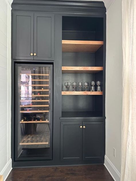 Basement Wine Fridge, Dry Bar With Tall Wine Fridge, Wine Fridge In Closet, Liquor Cabinet With Fridge, Built In Wine Fridge Cabinet, Wine Cabinets With Fridge, Wine Cabinet Ideas Built Ins, Built In Tall Wine Fridge Cabinet, Pantry Wine Fridge