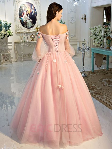 Ericdress Off-the-Shoulder Ball Gown Long Sleeves Beading Pleats Quinceanera… Pink Ball Dresses, Fairy Prom Dress, Long Sleeve Ball Gowns, Quinceanera Dresses Pink, Pink Ball Gown, Floral Prom Dresses, Long Sleeve Prom, Prom Dresses Two Piece, Pearl Pink