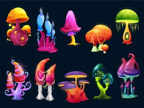 Fantasy magic cartoon mushrooms Mushroom Concept Art, Plants Concept Art, Strange Mushrooms, Alien Mushroom, Alien Forest, Mushroom Landscape, Cartoon Mushrooms, Mushroom Artwork, Mushroom Cartoon