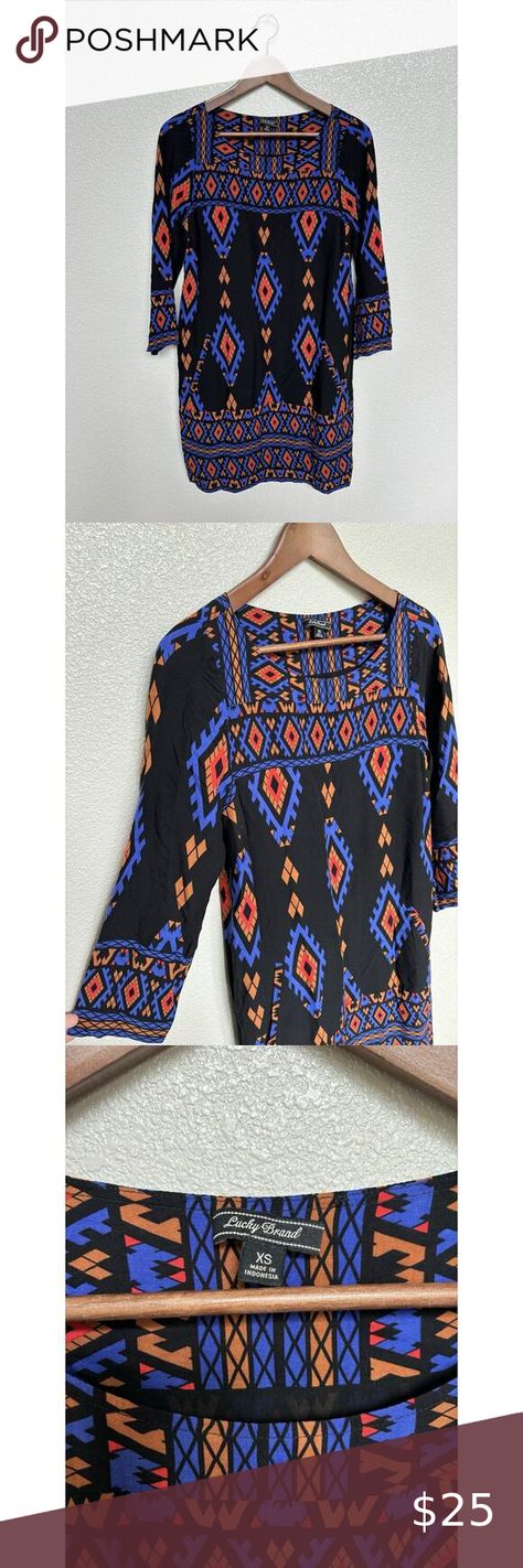 NEW Lucky Brand multi color boho shift dress XS 3/4 sleeves travel western aztec Aztec Sleeve, Boho Shift Dress, Black Shift Dress, Western Aztec, Brand Dresses, Shift Dress Black, Colorful Boho, Aztec Print, Dresses Xs