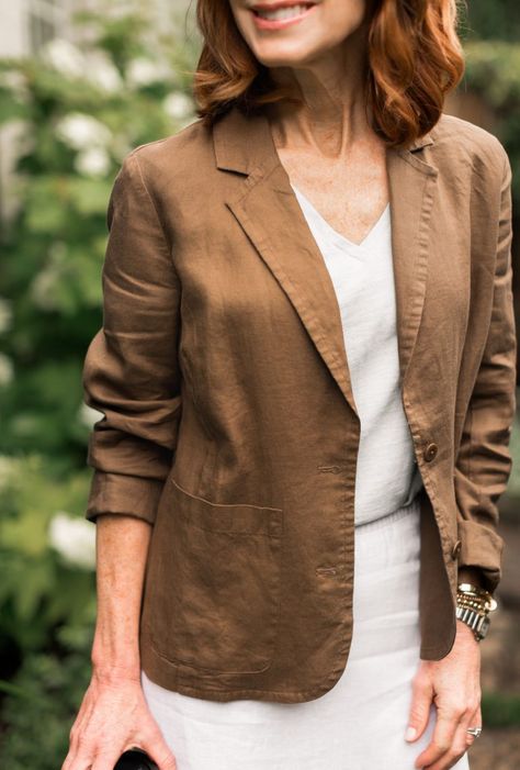 Brown linen jacket with white linen skirt from Eileen Fisher at Bloomingdale's Linen Jacket Outfit, Dress With Jacket Outfit, Linen Blazer Outfit, Linen Outer, White Linen Skirt, Jacket Outfit Women, Model Pics, Fashion Top Outfits, Dallas Fashion