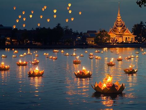 Wat Arun Temple, Loy Krathong Festival, Loy Krathong, Wat Arun, Floating Lanterns, Flower Lights, Diwali, Graphic Resources, Lanterns