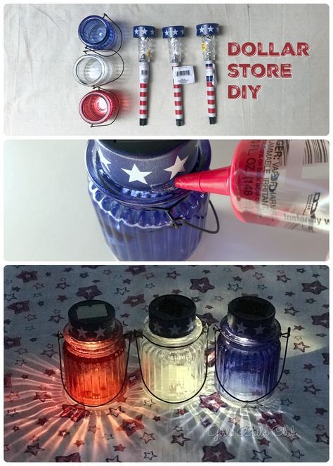 Fourth Of July Diy Decor, Dollar Store Diy Decor, Dollar Store Diy Decorations, Solar Light Crafts, 4th Of July Crafts, 4th July Crafts, Glass Votives, Look Festival, 4th Of July Ideas