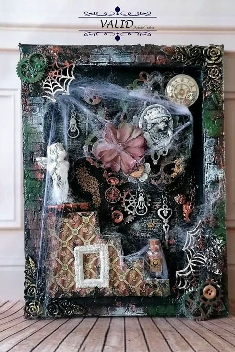 This beautiful mystical mixed media canvas was made with acrylic paint,texture paste,polymer clay,fabric flowers,wood and metal decors and with a little touch of fake spider webs;) Mixed Media Fantasy Art, Mixed Media Halloween Art, Mixed Media Skull Art, Mixed Media Of Miscellaneous Trinkets, Halloween Mixed Media Canvas, Under The Sea Mixed Media Art, Multimedia Arts, Fantasy Paintings, Halloween Invitations