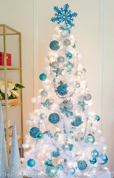 Blue + white Christmas tree - Four Generations Under One Roof - 2014.  Lovely~ White Xmas Tree, Blue Christmas Tree Decorations, White Christmas Tree Decorations, Turquoise Christmas, Blue Christmas Tree, White Christmas Trees, Christmas Tree Inspiration, Oh Christmas Tree, A White Christmas