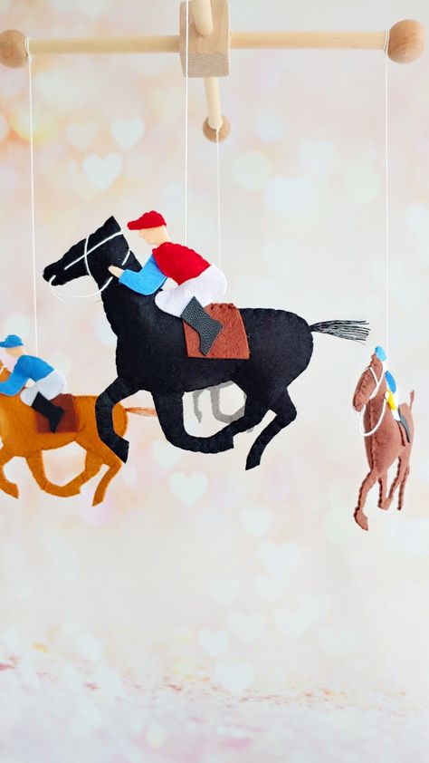 Racing Nursery, Felt Cot Mobile, Mobile Decor, Animal Mobile, Mobile Hanger, Unique Nursery, Cot Mobile, Horse And Rider, Baby Crib Mobile