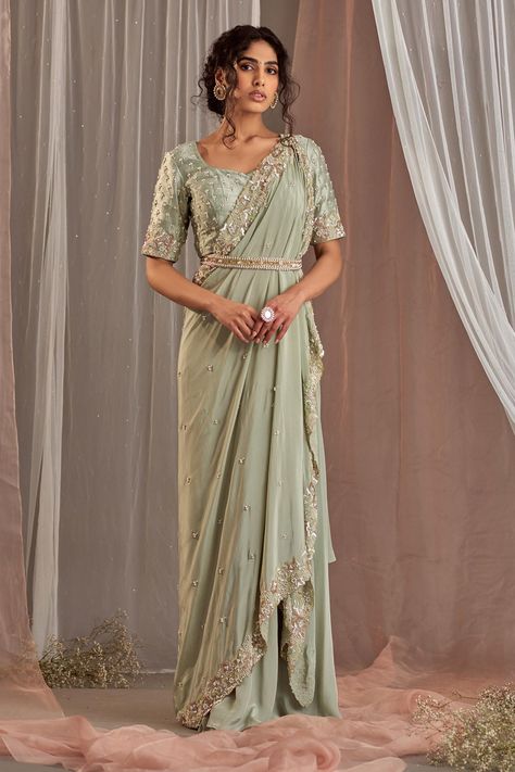 Shop for Nidhika Shekhar Green Crepe Embroidered Pre-draped Saree With Blouse for Women Online at Aza Fashions Draped Saree, Crepe Saree, Saree Gown, Drape Saree, Ready To Wear Saree, Green Saree, Indian Fashion Designers, Saree Look, Saree With Blouse