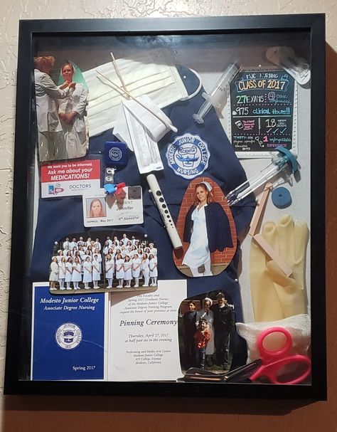 Graduation Gown Shadow Box Ideas, Nurse Shadow Box Ideas, Emt Shadow Box Ideas, Nurse Shadow Box Graduation, Nursing School Memory Frame, Shadow Box Graduation High Schools, Nursing Classes, School Keepsake, Associate Degree