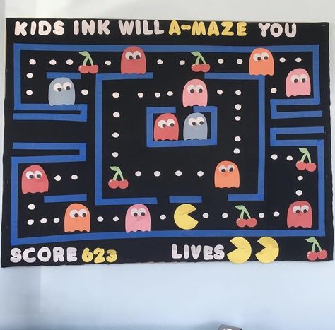 Fun pacman themed bulletin board! #bulletin #bulletinboardideas #bulletinboard Kids Sink, Construction Paper Art, Kitty Party Themes, Artsy Crafts, Bulletin Boards Classroom Decor, Kid Ink, Mens Birthday Party, Classroom Bulletin Boards, Cat Party