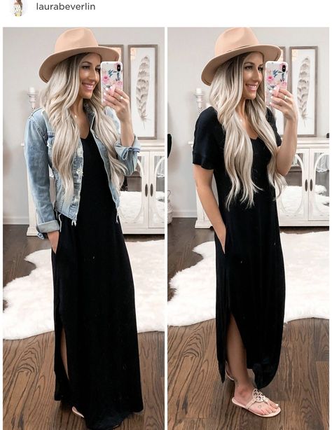 d961e9f236177d65d21100592edb0769desc50919313ri Casual Dress With Sandals, Casual Black Maxi Dress, Hats With Dresses Outfits, Maxi Dress Denim Jacket Outfit, Casual Black Maxi Dress Outfit, Casual Mid Size Summer Outfits, Outfit Ideas With Hats Summer, Black Maxi Dress Outfit Ideas Summer, Black Fedora Hat Outfit Summer