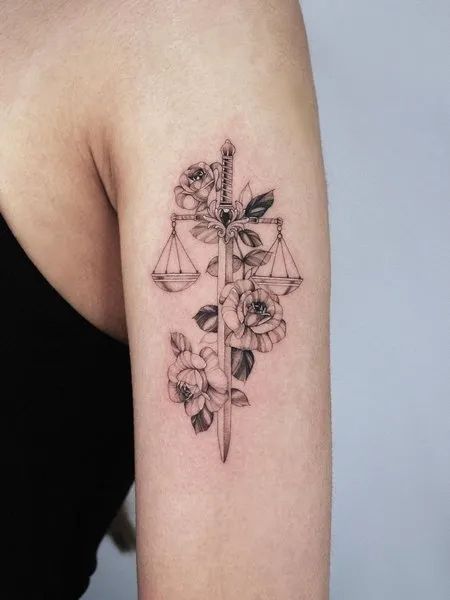 Libra Flower Tattoo Tattoos For Lawyers, Libra Tattoo With Flowers, Tattoo Lawyer, Libra Aesthetic Tattoo, Lawyer Tattoo Ideas, Libra Flower Tattoo, Libra Tattoo Ideas For Women, Lawyer Tattoo, Tattoo Balance