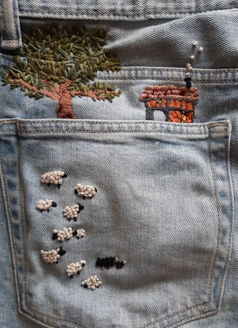 Embroidered Sheep Hand Embroidery, Easy Embroidery Clothes, Diy Jean Embroidery, Sheep Embroidery Design, Embroidery Inspo Clothes, Sheep In A Field, Embroidery On Jeans, Embroidered Sheep, Embroidery Aesthetic