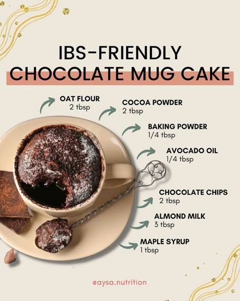 Ayten MS, RDN • IBS • SIBO • GUT DIETITIAN on Instagram: "🍫 SAVE THIS! IBS-Friendly Chocolate Mug Cake 😋 Hi, this recipe takes 2 minutes to make. It's low FODMAP, but more importantly, it's delicious. 👆🏽 Mix those ingredients in a microwave-safe mug, then put it in the microwave for 90 seconds. Try to use dark chocolate chips for less lactose. That's it! 🌱 For a little bonus fiber + omega, swap 1 tbsp oat flour for 1 tbsp ground flax meal instead. For a little extra protein, add a little cr Low Fodmap Recipes Sweets, Low Fodmap Baking Recipes, Low Fodmap Treats, Ibs Dessert Recipes, Ibs Safe Foods, Low Fodmap Baking, Oat Flour Microwave Cake, Oat Flour Mug Cake, Oat Flour Mug Cake Healthy