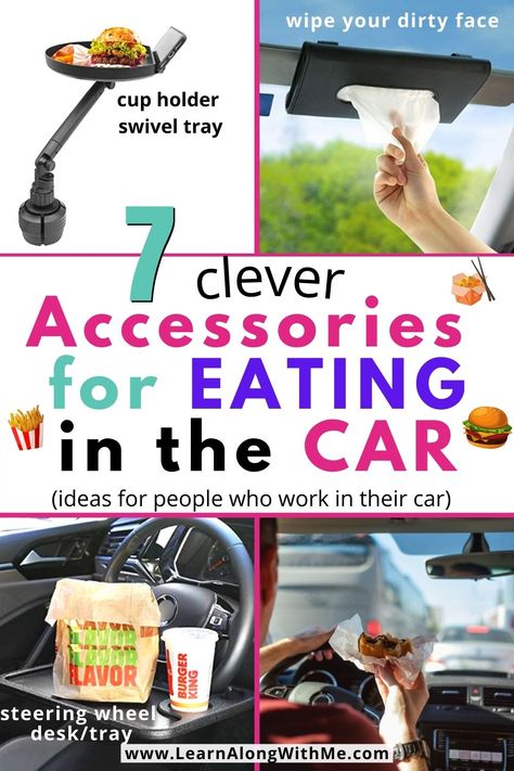 7 accessories for eating in the car for people that have to take lunch or other meals in their car.  This is usually for people that work out of their vehicles like delivery drivers and trades people, but it is also good for moms and dads that have to drive their kids to and from school and sporting events, clubs, etc...

The items on this list mean you don't have to slop ketchup all over your car and lap. (Well you still might.) Cooking In Your Car, Car Lunch Ideas, Truck Driver Lunch Ideas, Car Snack Organizer, Semi Truck Storage Ideas, Snacks For Traveling In The Car, Truck Driver Organization Ideas, Semi Truck Organization Ideas, Truck Driver Meals