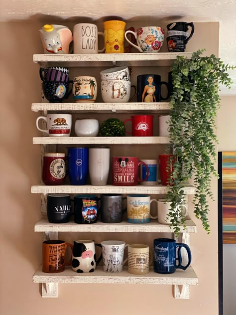 Diy mug shelf display for home, disney mugs Kitchen Mug Organization, Shelf For Mugs, Coffee Mugs Display, Mug Shelf Ideas, Coffee Mug Shelf Display, Kitchen Mug Display, Coffee Mug Display Shelf, Diy Mug Shelf, Mugs Display Ideas