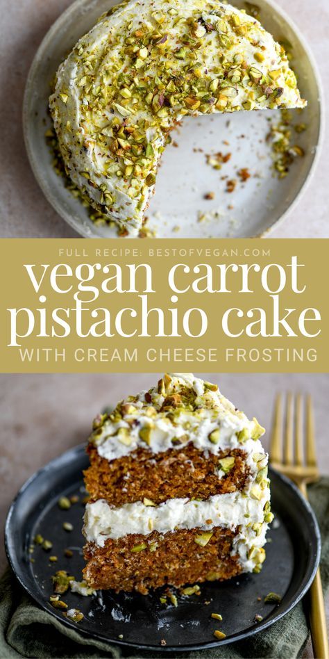 This carrot pistachio cake recipe, made entirely without eggs and dairy, is the perfect mix of fluffy and moist. Paired with a vegan, lemony buttercream & cream cheese frosting, it’s the perfect cake to make for birthdays or any other celebratory occasion. The pistachio kernels add even more delicious flavor, as well as a bit of crunch! #VeganCake #EasyVeganCake #DairyFreeFrosting #PistachioCake #CarrotCake #VeganCarrotCake #PistachioRecipes #VeganBaking 🥕🍰 Pistachio Carrot Cake, Buttercream Cream Cheese Frosting, Vegan Pistachio Cake, Fluffy Recipe, Pistachio Cake Recipe, Raw Vegan Cake, Vegan Carrot Cake, Raw Pistachios, Vegan Birthday Cake