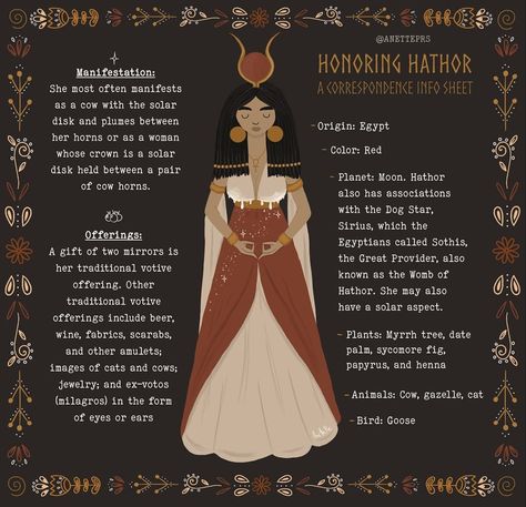 Anette Illustrations on Instagram: “Hathor Correspondence Sheet 🌛🌝🌜 Which goddess correspondence sheet would you like to see next? Thank you to everyone who suggested Hathor!…” Hathor Goddess Symbols, Hathor Goddess Art, Hathor Altar, Egyptian Paganism, Hathor Egyptian Goddess, Egyptian Goddess Hathor, Hathor Goddess, Deity Work, Goddess Hathor