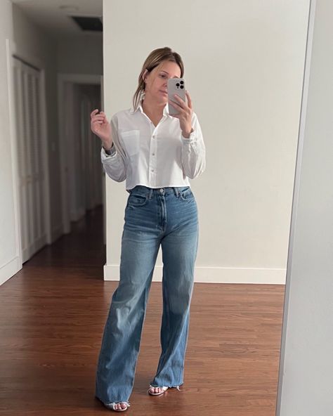 White shirt + blue jeans curated by the styled stories on LTK Cropped White Button Down Shirt, White Cropped Shirt Outfit, Shirt Target, White Tops Outfit, Cropped Outfits, White Shirt And Blue Jeans, Cropped White Shirt, Silver Strappy Sandals, Cropped Button Up Shirt