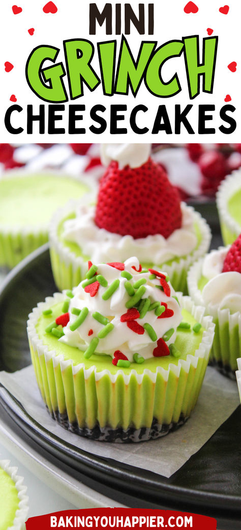 Grinch Mini Cheesecakes, impress all of the Who’s at your Christmas party with these fun & festive little neon green cheesecakes! Grinch No Bake Cheesecake, Grinch Brunch Food, Fun Kid Christmas Desserts, Cheap Holiday Treats, Christmas Themed Treats For Kids, Grinch Recipes For Kids, Grinch Christmas Food Snacks, Whoville Recipes, Grinch Desert Ideas