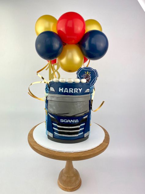 Scania truck and balloon topper Truck Cake, Truck Cakes, 6th Birthday, Diaper Cake, Piping, Cake Toppers, Balloons, Birthday Cake, Trucks