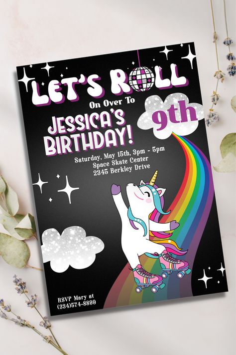 Get ready to glide into a magical world of fun with our Unicorn Roller Skating Party Invitation! 🦄✨ Whether it's a birthday bash or just a whimsical get-together, this enchanting invite sets the perfect tone. If your daughter loves unicorns and wants a roller skating party this is the perfect invite for you! Customize with your party details and let the skating adventure begin! 🌈⛸️ #UnicornSkatingParty #RollerSkateMagic #PartyOnWheels #GirlRollerSkatingParty #SkateIntoFantasy Unicorn Skate Party, Girl Roller Skating, Roller Skating Party Invitations, Roller Skate Party, Skating Party, Roller Skating Party, Skate Party, Party Details, Birthday Ring