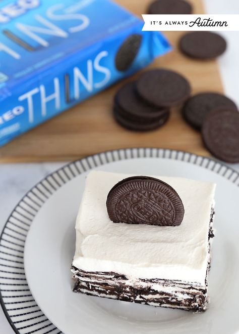 Oreo Thins Icebox Cake, Nabisco Famous Chocolate Wafers, Oreo Icebox Cake, Cakes Slices, Oreo Cookie Cake, Ice Box Cake, Oreo Filling, Oreo Thins, Icebox Cake Recipes