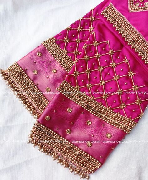 Aari Work Blouse Checked Design, Aari Work For Border Blouse, Net Aari Work Blouse Designs Full Hand, Kundan Aari Work Blouse, Aari Hand Designs For Blouses, Hand Aari Work Design, Aari Work Blouse Wedding Simple, Grand Aari Work Blouse Design, Blows Design